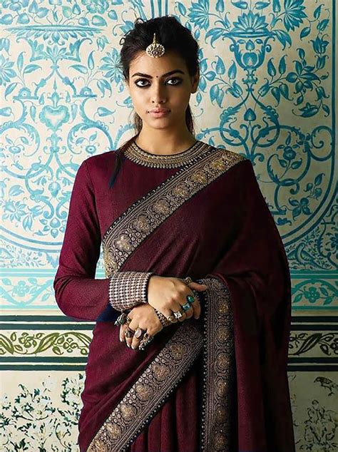 maroon saree embroidered lace border with readymade blouse for etsy maroon saree indian