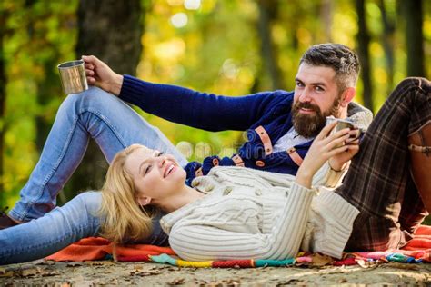 Romantic Picnic Forest Couple In Love Tourists Relaxing On Picnic