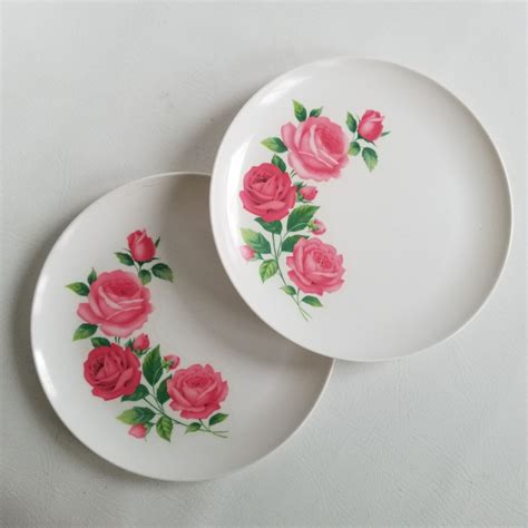 Vintage Stetson Melmac Melamine Dinner Plates Pink Rose Floral 9 Set
