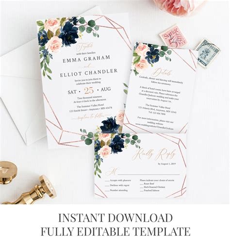 Navy Blush Rose Gold Geometric Editable Wedding Invitation Etsy