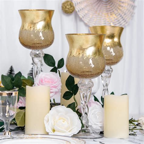 Set Of 3 Hurricane Long Stem Gold Foil Crackle Glass Vases Candle