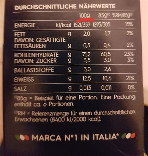 Liefern 100g Nudeln 359kcal roh oder gekockt Körper Kalorien Nahrung
