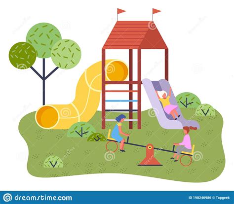 Childrens Summer Playground With Slide Swings And Other Elements Of