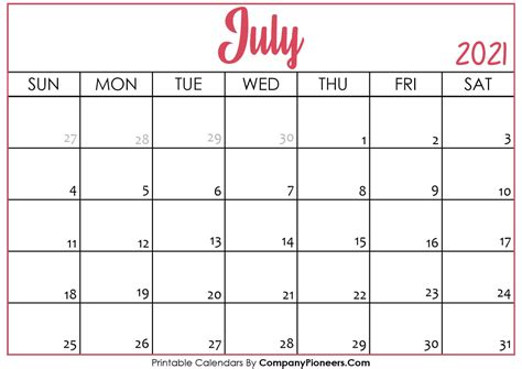 The important holidays, national days, and international days observed on every day of july 2021 are listed above. July 2021 Calendar Printable - Printable 2020 Calendars ...