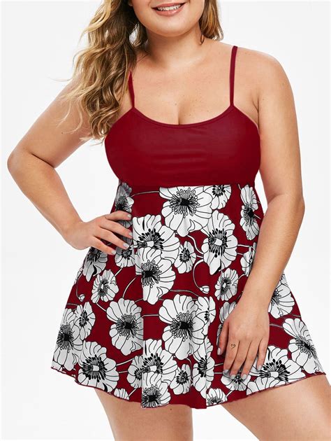 Off Floral Contrast Plus Size Tankini Set In Red Wine Dresslily