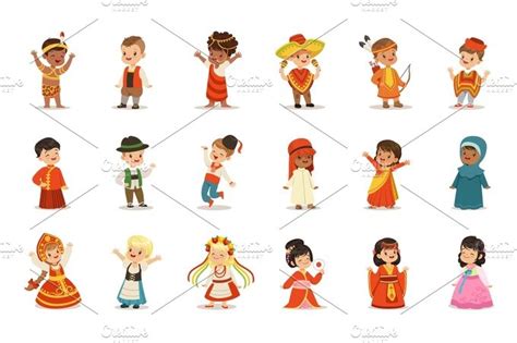 Create a meme about customs in another country. Kids Wearing National Costumes Of Different Countries Set ...