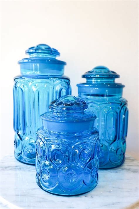 Set Of 3 Le Smith Moon And Stars Heavy Blue Glass Canister Set Etsy Singapore Glass Canister