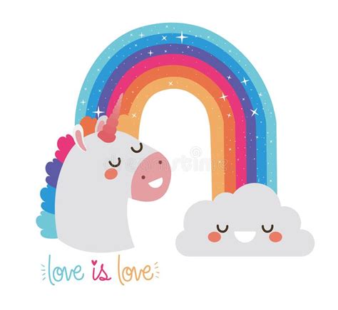 Love Is Love With Rainbow Kawaii Cloud And Unicorn Vector Design Stock