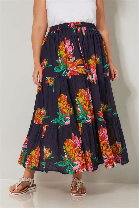 Navy And Multi Floral Print Tiered Maxi Skirt Plus Size 16 To 36