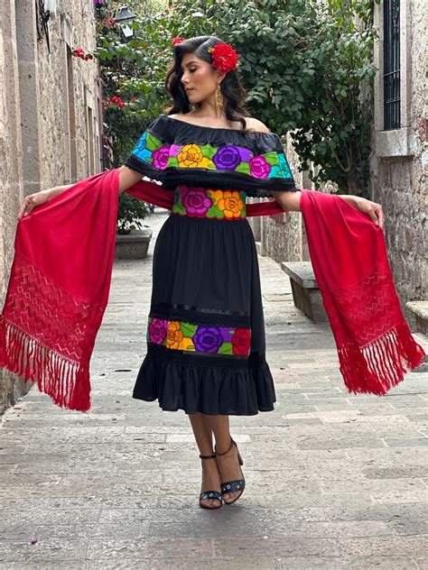 Mexican Traditional Dress Floral Embroidered Dress Mexican Etsy