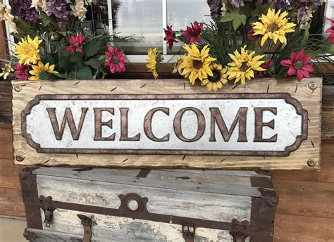 Welcome Sign For Porch Rustic Metal On Distressed Wood