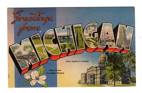 Linen postcard. Greetings from Michigan. Large letter. State Capital in ...