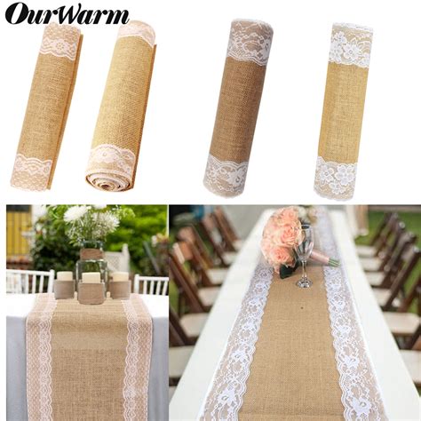 Ourwarm Natural Burlap Table Runner For Wedding 275x30cm White Lace