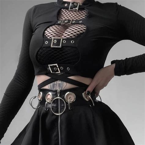 Women S Hollow Out Buckle Decorated Sexy Black Bodycon Etsy Edgy