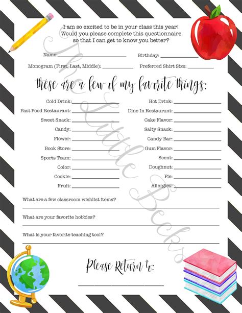 Teacher Questionnaire Printable Back To School Questionnaire