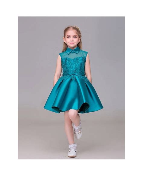 Taffeta Lace Short Flower Girl Dress With Collar Efd04