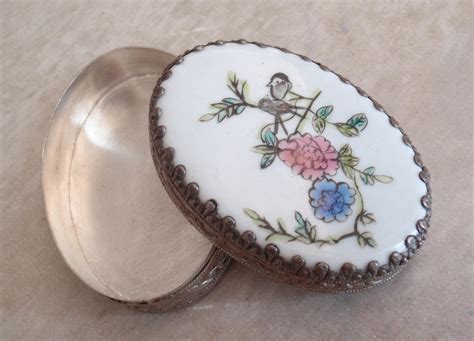 Bird Trinket Box Silver Plate With Mirror Porcelain Oval Hand Painted