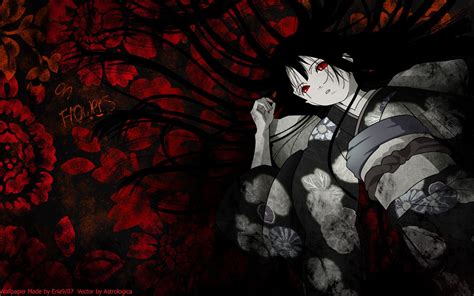 Wallpaper Ilustrasi Bunga Bunga Rambut Panjang Gadis Anime Rambut Hitam Mata Merah Setan