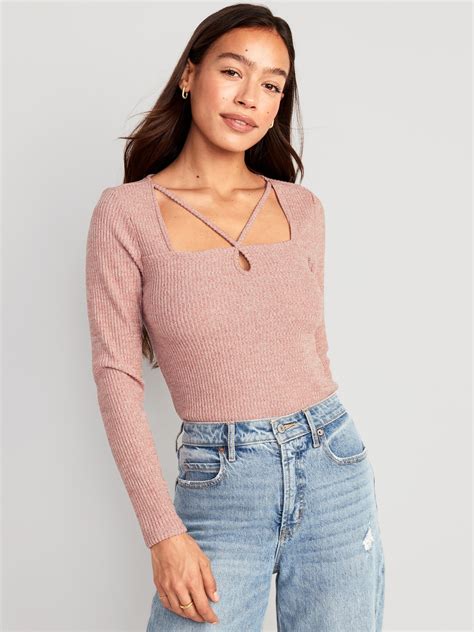 Fitted Long Sleeve Strappy Keyhole Top For Women Old Navy