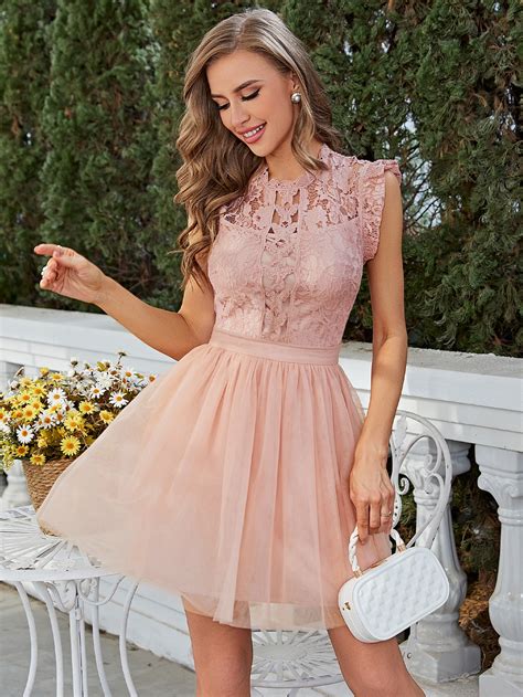 Simplee Guipure Lace Bodice Mesh Overlay Dress SHEIN USA