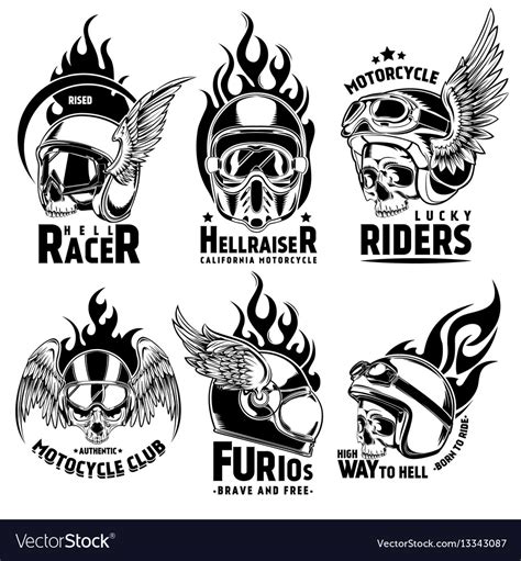 Fiery Motorcycle Skull Helmet Logos Set Royalty Free Vector