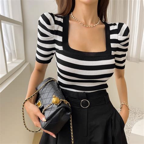 Square Neck Stripe Knit Top Dabagirl Your Style Maker Korean Fashions Clothes Bags Shoes