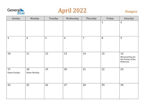 Hungary April 2022 Calendar With Holidays