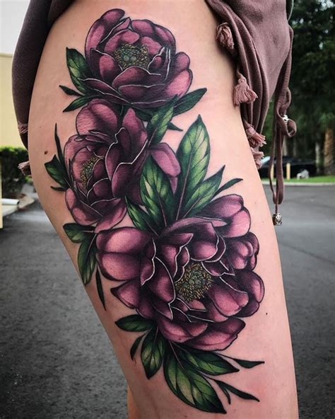 Purple Neo Traditional Flower Leg Tattoo By Squire Strahan