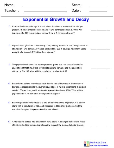 Exponential Growth And Decay Worksheet Gcse
