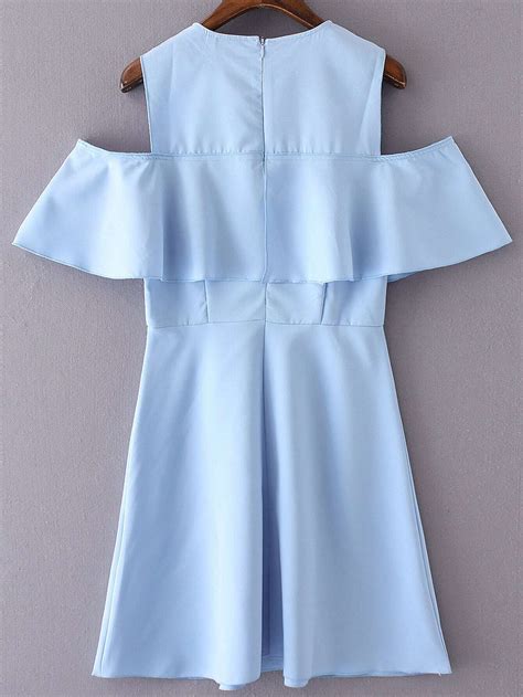 Blue Cold Shoulder Zipper Ruffle Dress Sheinsheinside