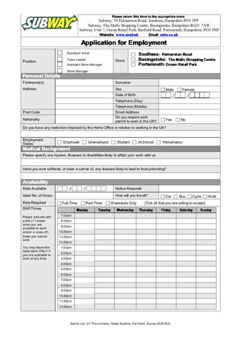Application For Employment Form Subway Printable Pdf Download