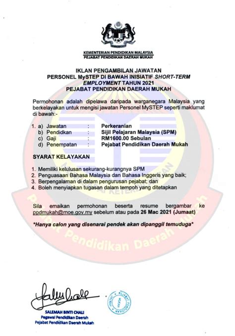 Penceramah diklat adalah pejabat struktural kementerian pendidikan dan kebudayaan, yang memberikan kebijakan. Jawatan Kosong Di Pejabat Pendidikan Daerah Mukah TCER.MY