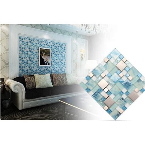 Crackle Glass Backsplash Tile 304 Stainless Steel Metal Tiles Blue Hand Painted Frosted Glass