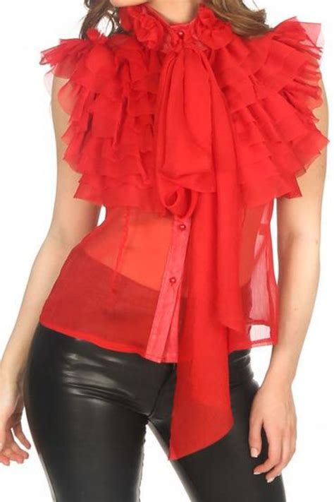 red sleeveless frilled sheer pussy bow blouse dressed in lucy