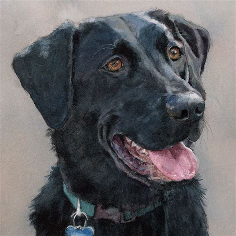A Painting Of A Black Dog With A Blue Tag On Its Collar And His Tongue