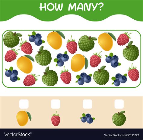 How Many Cartoon Fruits Counting Game Educational Vector Image