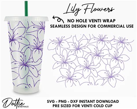 Dottie Digitals Line Drawing Lily Flowers Starbucks Cold Cup No Hole