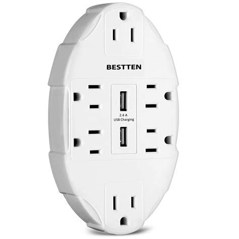Bestten 6 Outlet Socket Wall Mount Surge Protector With Dual Usb