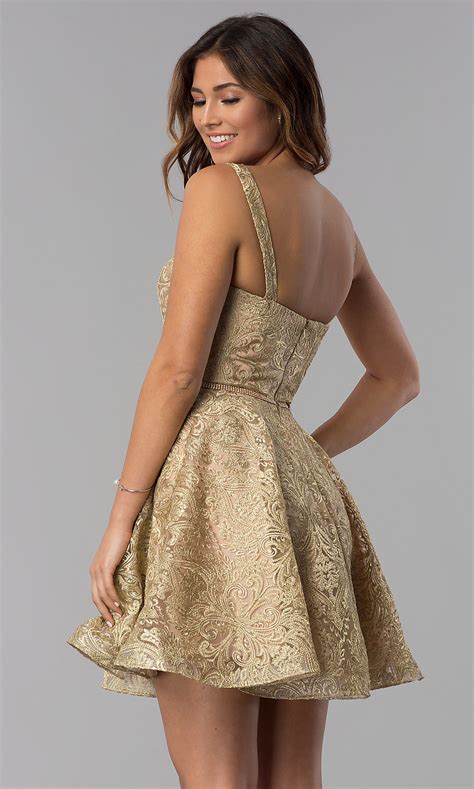 Shopping short homecoming dresses for your dance party? Gold Embroidered A-Line Homecoming Dress - PromGirl