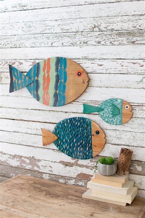 Painted Wooden Fish Wall Hangings Set Of 3 Fish Wall Decor Wooden
