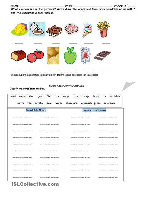 Countable And Uncountable Nouns Exercises Printable