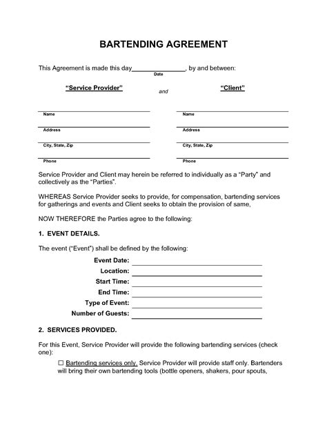 Free Bartending Contract Pdf Word Eforms