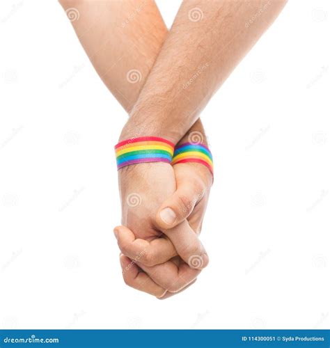 Hands Of Couple With Gay Pride Rainbow Wristbands Stock Image Image Of Partner Awareness