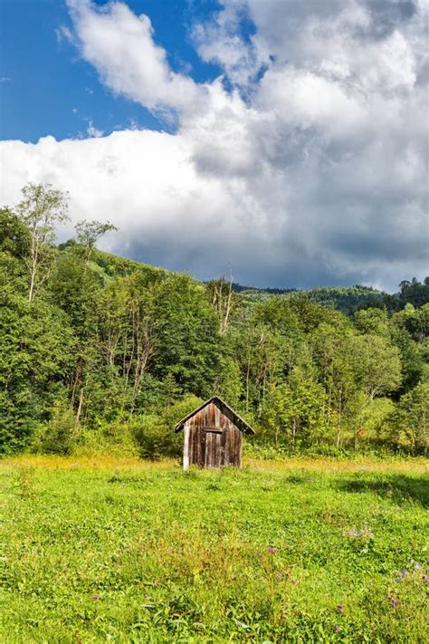 Mountain Wooden Shed Stock Image Image Of Clouds Landscape 122642973
