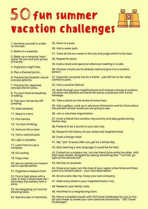 50 Fun Summer Vacation Challenges Printable List 203challenges