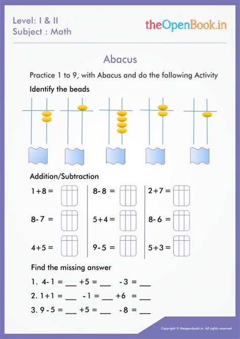Beginner vedic maths level 1 practice sheets : Practice 1 to 9 with Abacus and do the following Activity ...