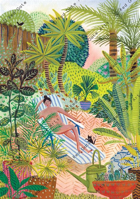 Sunbathing Nude Lady Art Print Painting Tropical Garden With Etsy