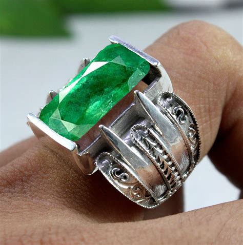 Emerald Corundum Mens Gemstone Ring Solid Sterling Silver Etsy