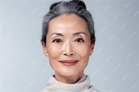 アジアの美しいゴージャスな 50 代中年の成熟した女性が白で隔離カメラを見て成熟した老婦人のクローズ アップの肖像画健康な顔のスキンケア美容ジェネレーティブ ai プレミアム写真