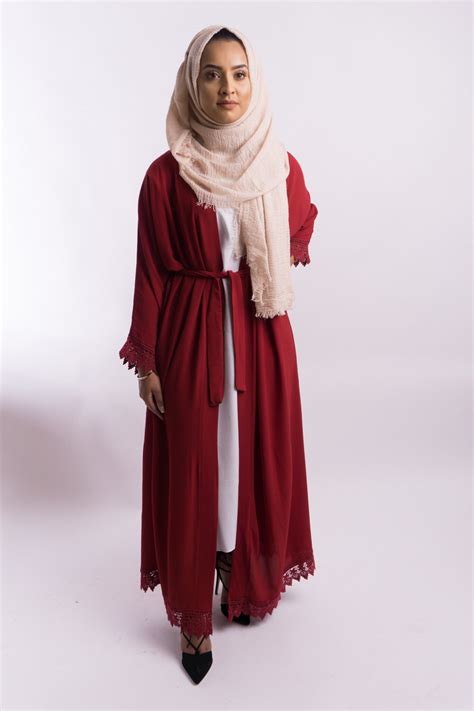 Classic Lace Open Abaya Maroon Aishasmodesty